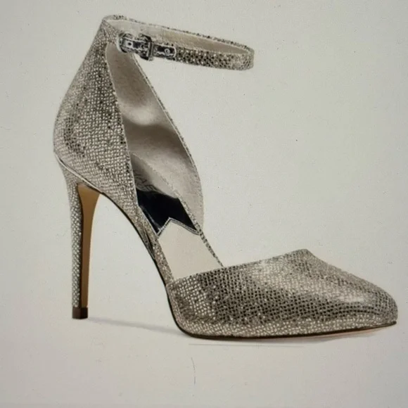 NEW Michael Kors Georgia Silver Adjusts Ankle Strap Silver Glitter Heel size